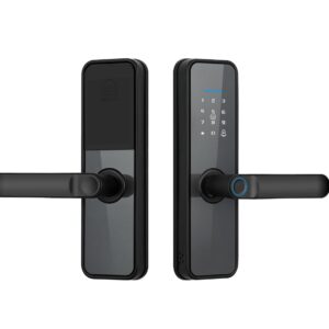 front and back view of a sleek black Tuya smart lock featuring a touchscreen keypad, fingerprint scanner, and ergonomic handle – available at Anntra Shop Kenya.